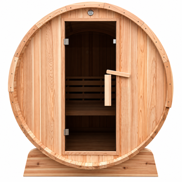 Sauna tonneau en cèdre, vue frontale Sauna tonneau en cèdre, vue frontale